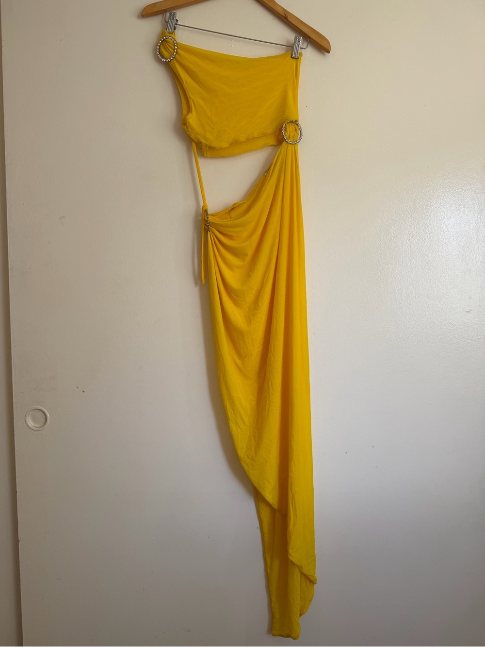 Yellow Asymmetrical One-Shoulder Cutout Maxi Dress with Ring Accents